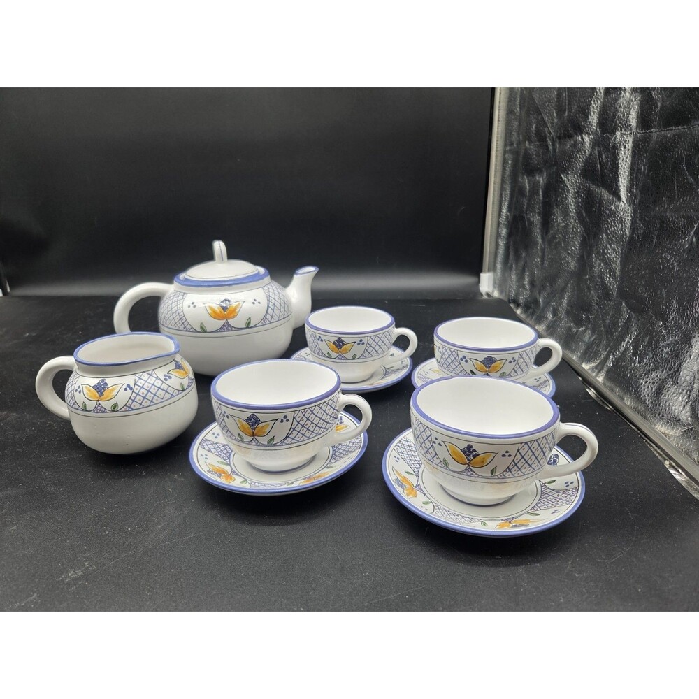 Tivoli Pottery Portugal Tea Set Med Style Blue Yellow Hand Painted For 4